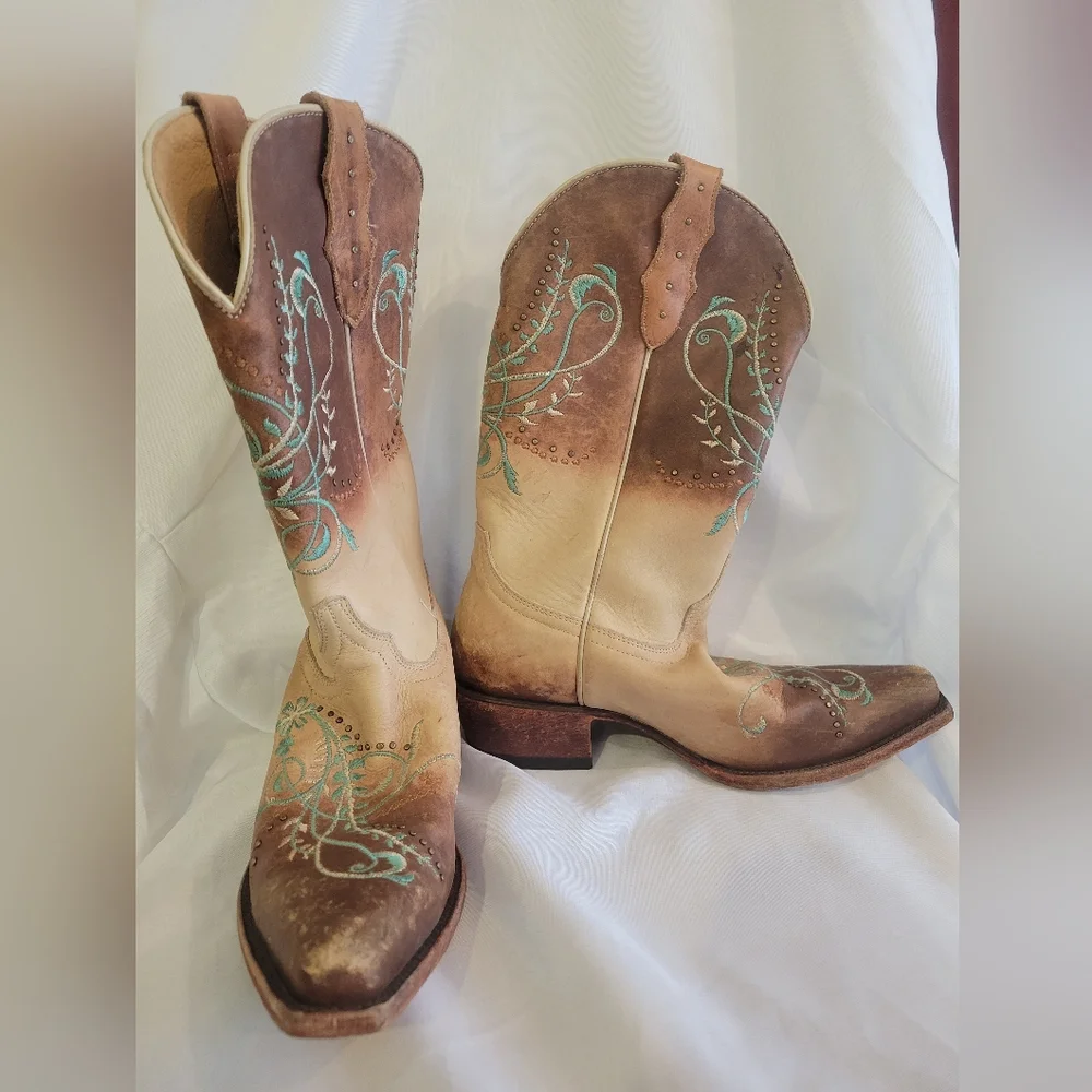Sz8 Real Leather Embroidered Western Cowboy Boots - Picture 1 of 6